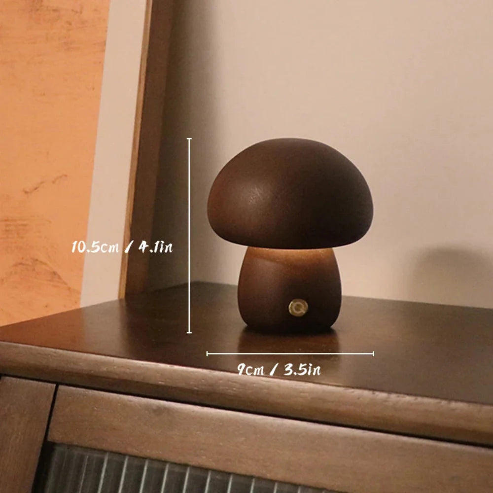 Natural Wood Mushroom Lamp Touch Dimmer Warm LED Bedside Decor