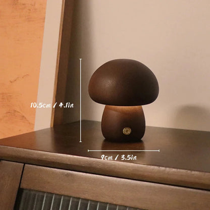 Natural Wood Mushroom Lamp Touch Dimmer Warm LED Bedside Decor