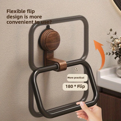 Vintage Walnut Wood Towel Ring Wall-Mounted Suction Cup No-Drill Bathroom Home Decor