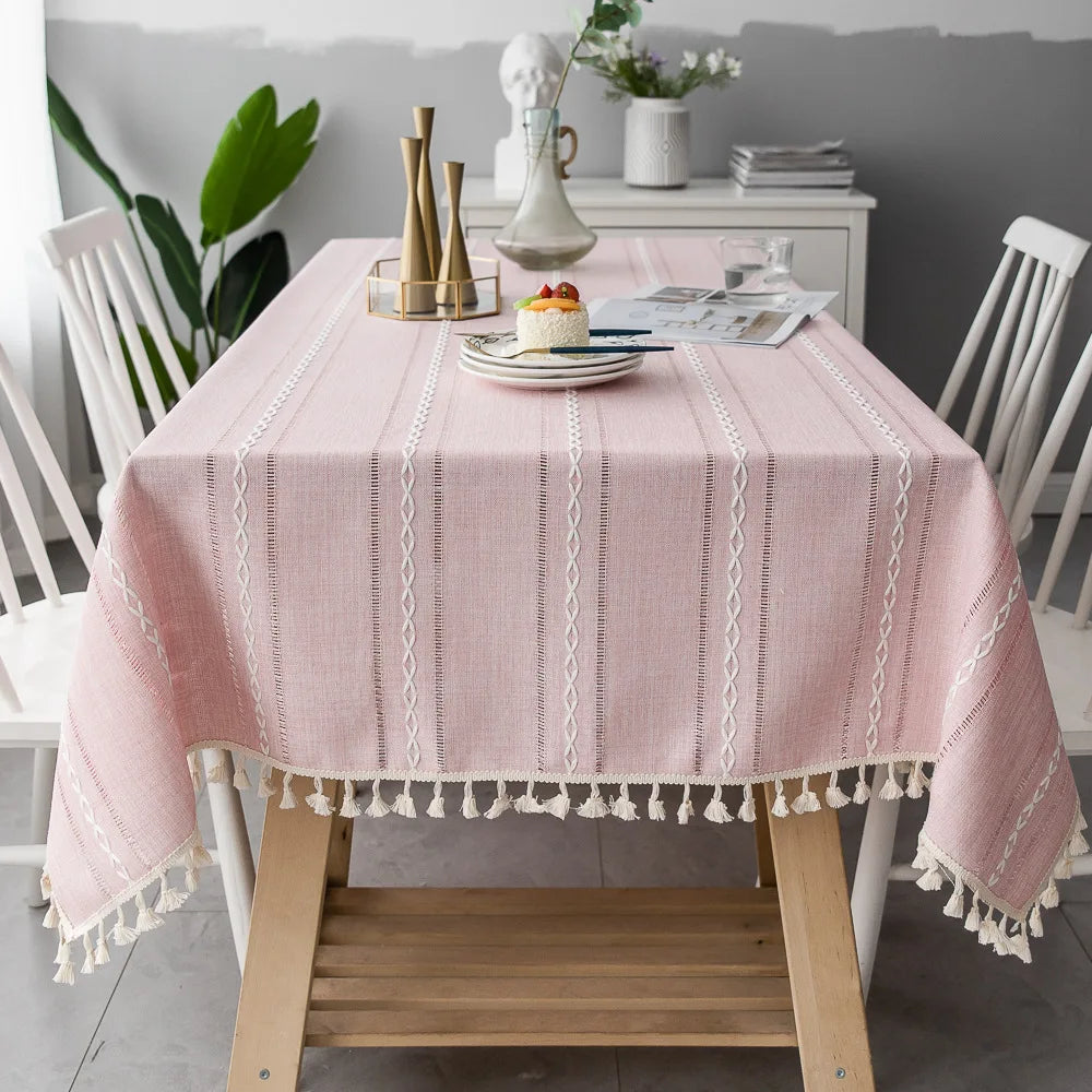 Cotton Linen Stripe Tablecloth Rectangular Dining Table Setting