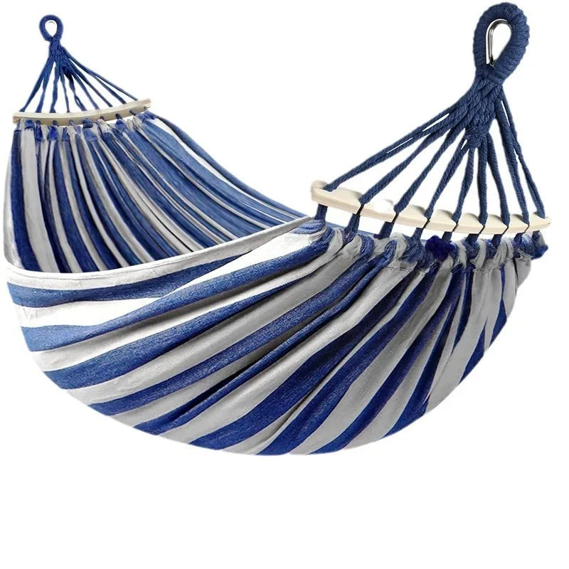 Double Canvas Hammock with Curved Wooden Poles Anti-Roll Outdoor Swing Bed