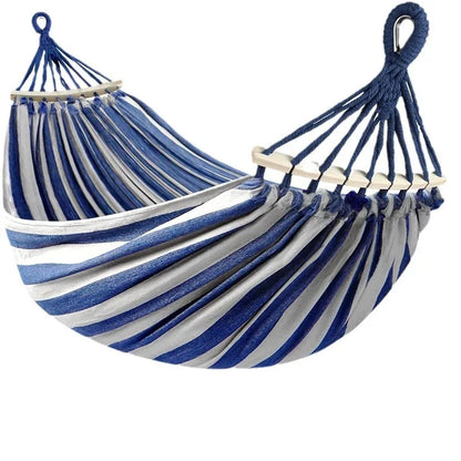 Double Canvas Hammock with Curved Wooden Poles Anti-Roll Outdoor Swing Bed