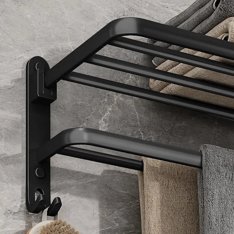 Matte Black Folding Towel Rack Wall Mounted Aluminium Bathroom Decor