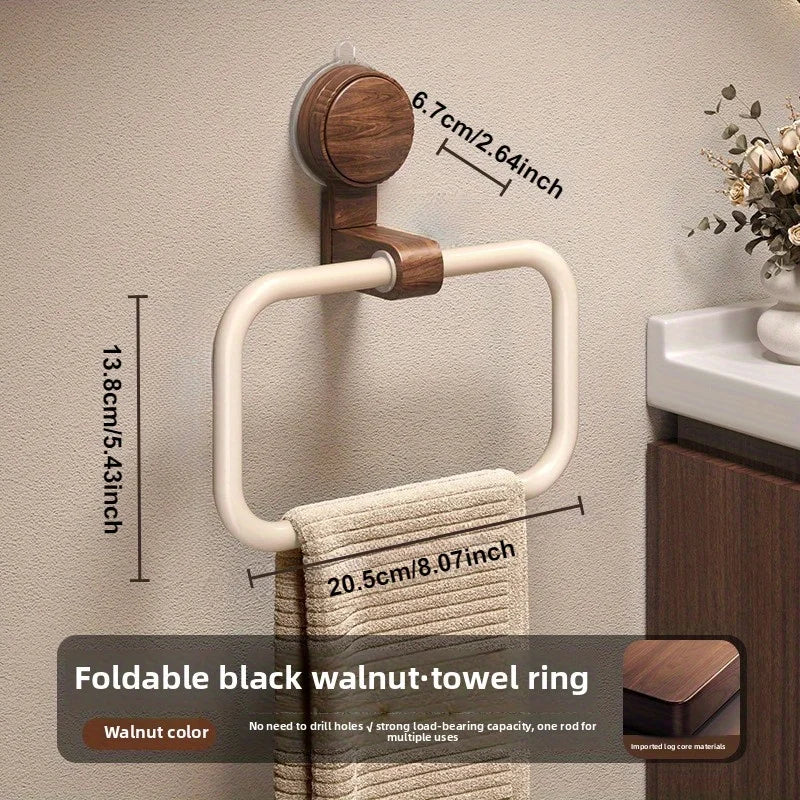 Vintage Walnut Wood Towel Ring Wall-Mounted Suction Cup No-Drill Bathroom Home Decor