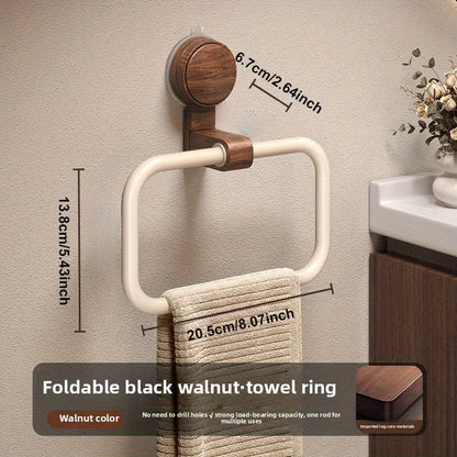 Vintage Walnut Wood Towel Ring Wall-Mounted Suction Cup No-Drill Bathroom Home Decor