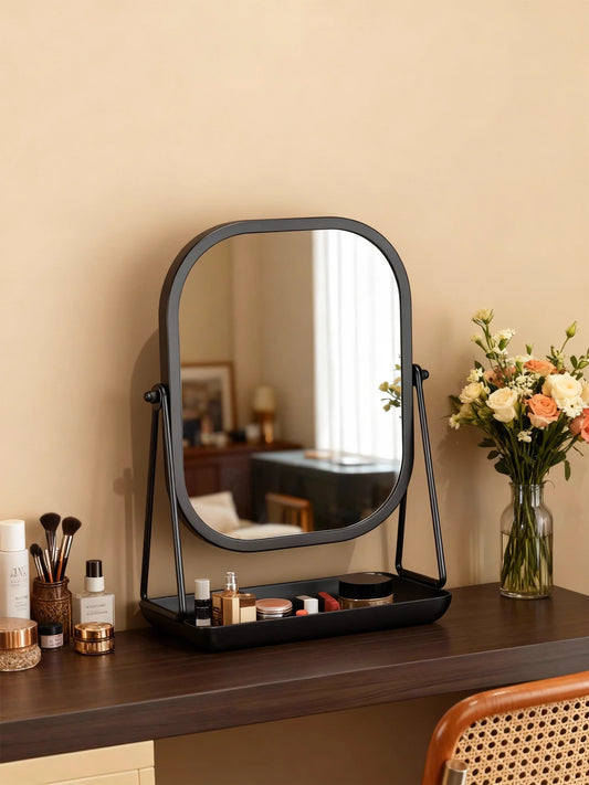 Rotating Desktop Vanity Mirror with Storage Base Luxury Dressing Table Mirror