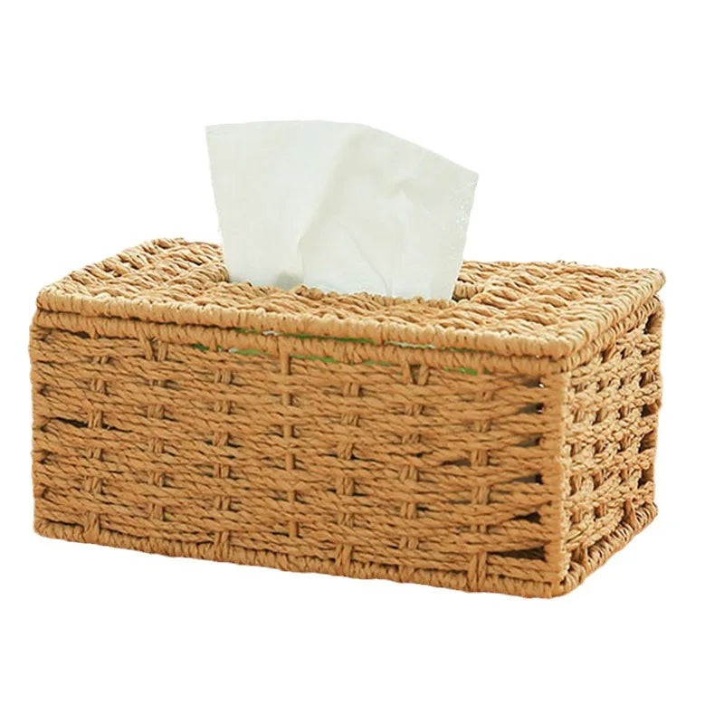 Woven Rattan Tissue Box Cover Natural Boho Storage Home Decor