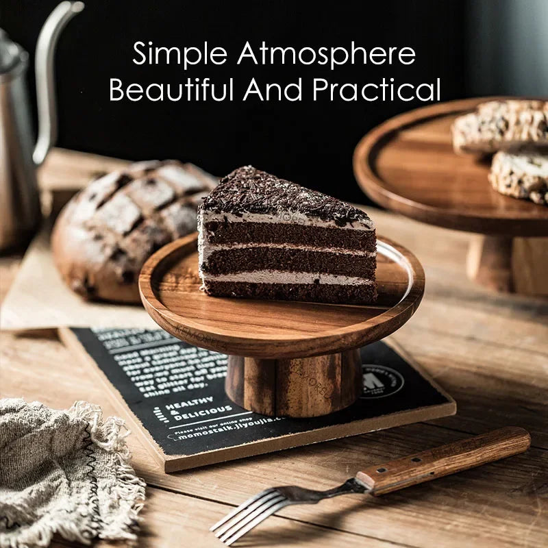 Acacia Wood High Foot Cake Stand Dessert Display Plate Home Decor