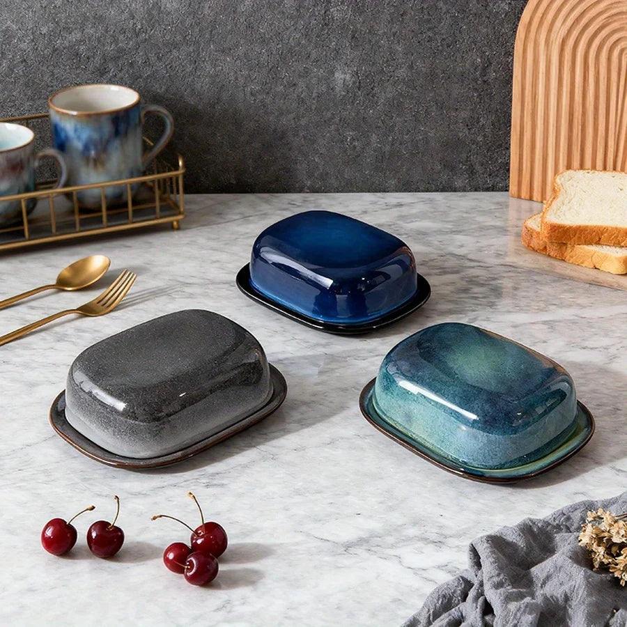 Retro Glazed Ceramic Butter Dish with Lid Countertop Kitchen Decor