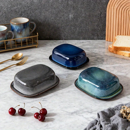 Retro Glazed Ceramic Butter Dish with Lid Countertop Kitchen Decor