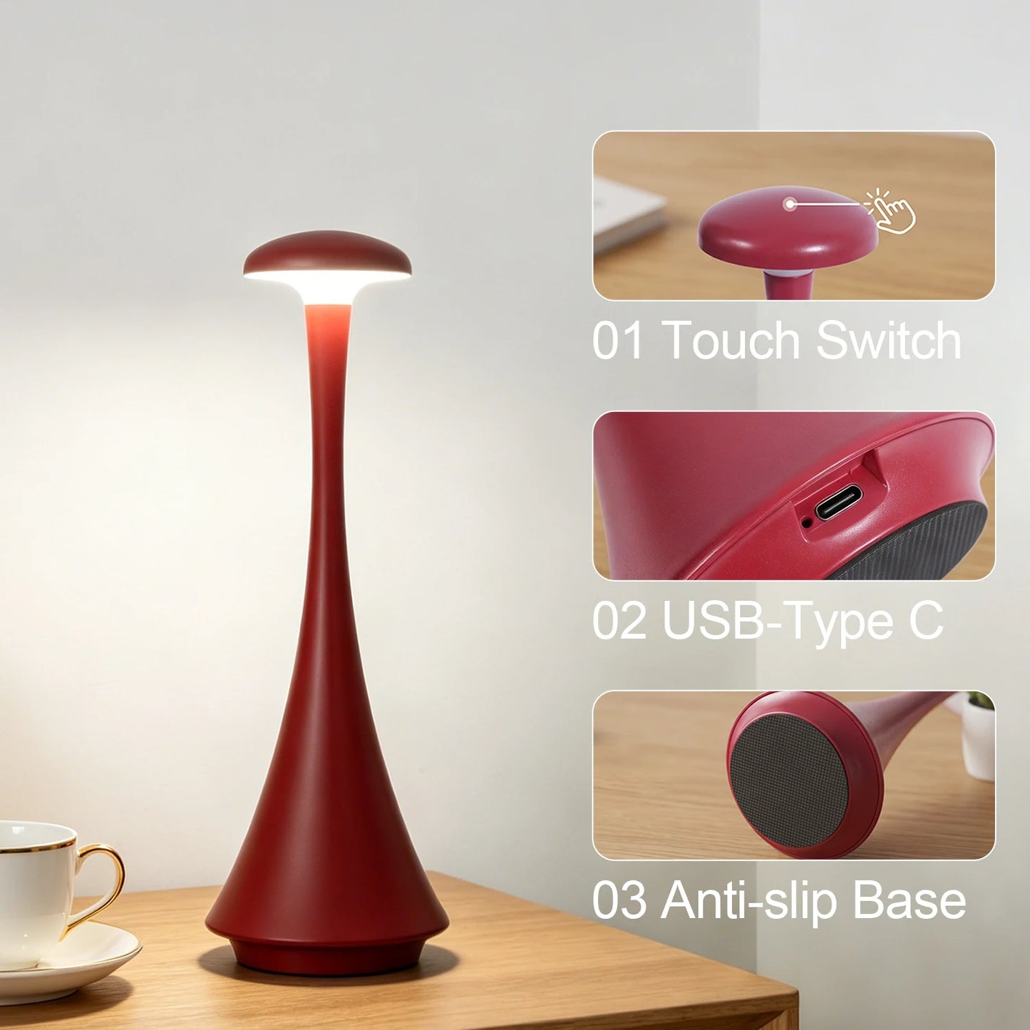 Mushroom Touch Table Lamp Rechargeable USB-C Wireless Cordless Home Decor