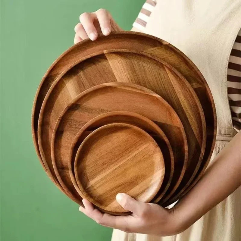 Acacia Wood Round Stackable Serving Tray Snack Plate Home Decor