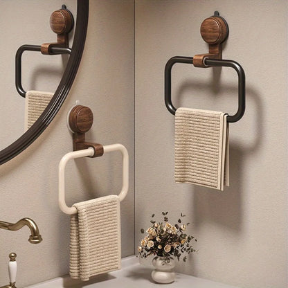 Vintage Walnut Wood Towel Ring Wall-Mounted Suction Cup No-Drill Bathroom Home Decor