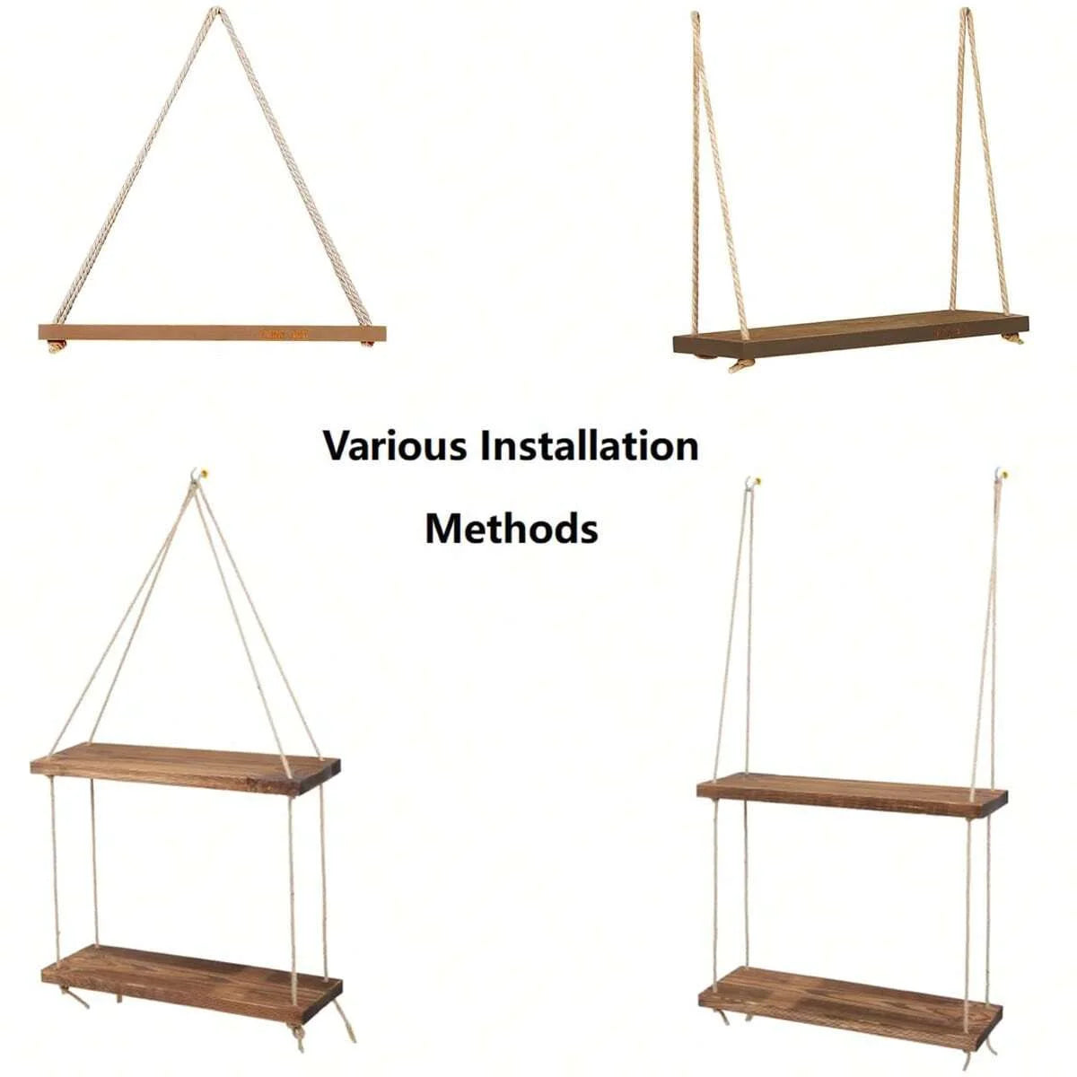 Wooden Hanging Wall Shelf with Hemp Rope Floating Plant Display Home Decor