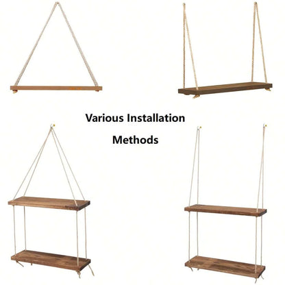 Wooden Hanging Wall Shelf with Hemp Rope Floating Plant Display Home Decor