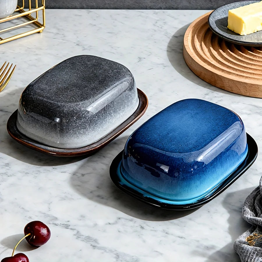 Retro Glazed Ceramic Butter Dish with Lid Countertop Kitchen Decor