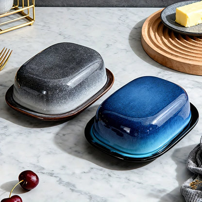 Retro Glazed Ceramic Butter Dish with Lid Countertop Kitchen Decor