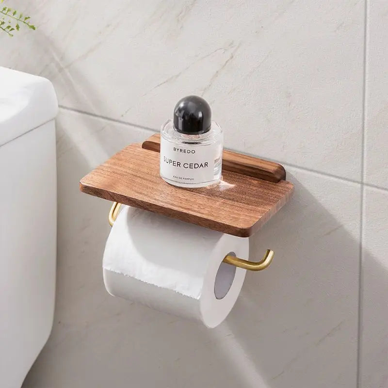 Walnut Wood Toilet Roll Holder Wall Mounted Bathroom Decor