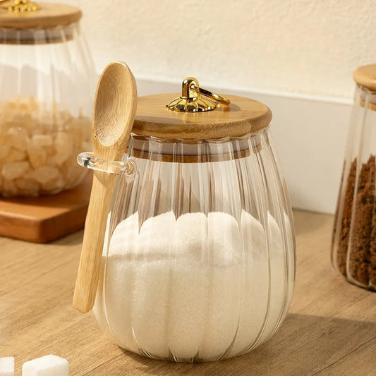 Airtight Glass Storage Jar with Wooden Lid and Bamboo Spoon Kitchen Pantry Decor