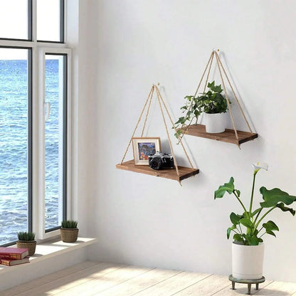 Wooden Hanging Wall Shelf with Hemp Rope Floating Plant Display Home Decor