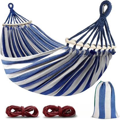 Double Canvas Hammock with Curved Wooden Poles Anti-Roll Outdoor Swing Bed