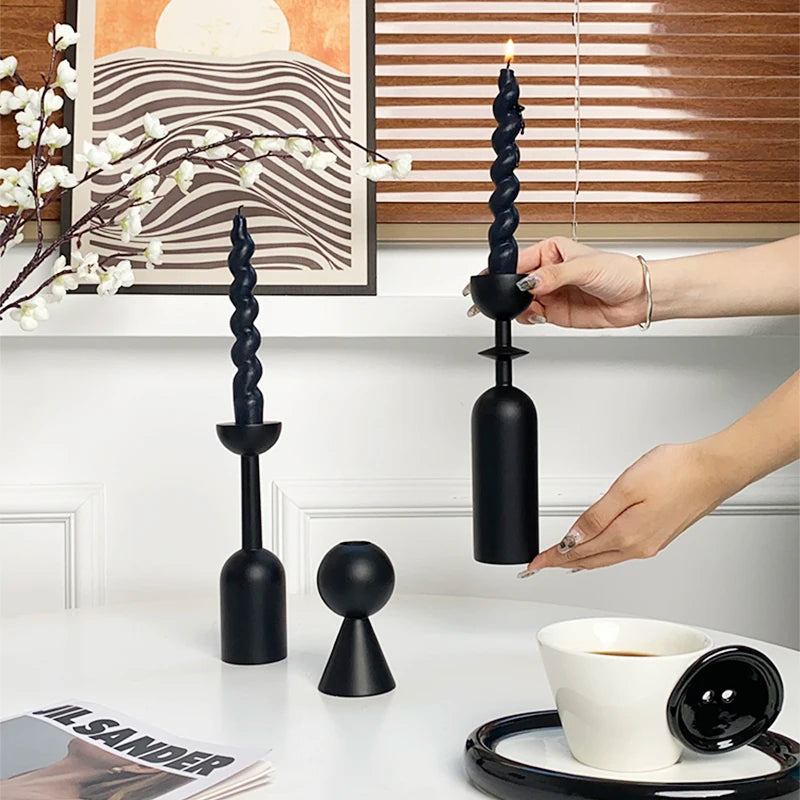 Black Wooden Taper Candle Holder Set Retro French Style Home Decor