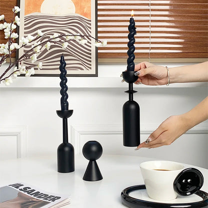Black Wooden Taper Candle Holder Set Retro French Style Home Decor