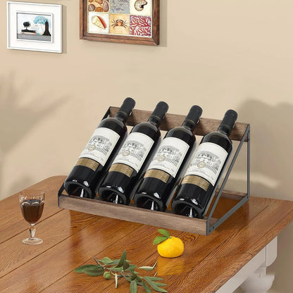 Slanted Desktop Wine Rack Wooden Iron Frame Bottle Storage Home Decor