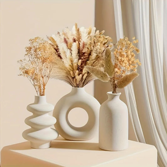 Ceramic Vase Set of 3 Boho Sculptural White Black Home Decor