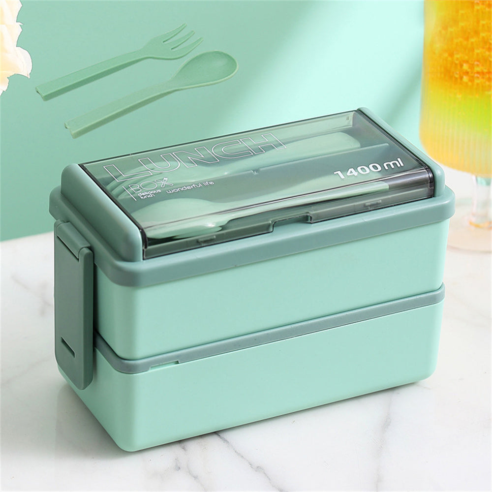 1400ml Double Layer Bento Box with Fork and Spoon Microwave Safe Portable Lunch Box
