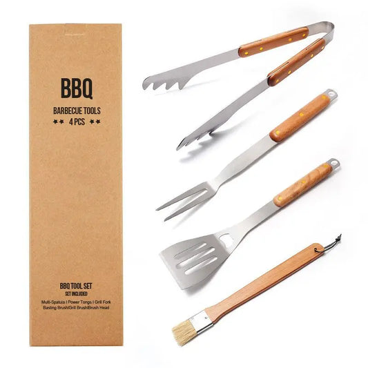 4-Piece Stainless Steel BBQ Tool Set with Wooden Handles Outdoor Grilling Kit