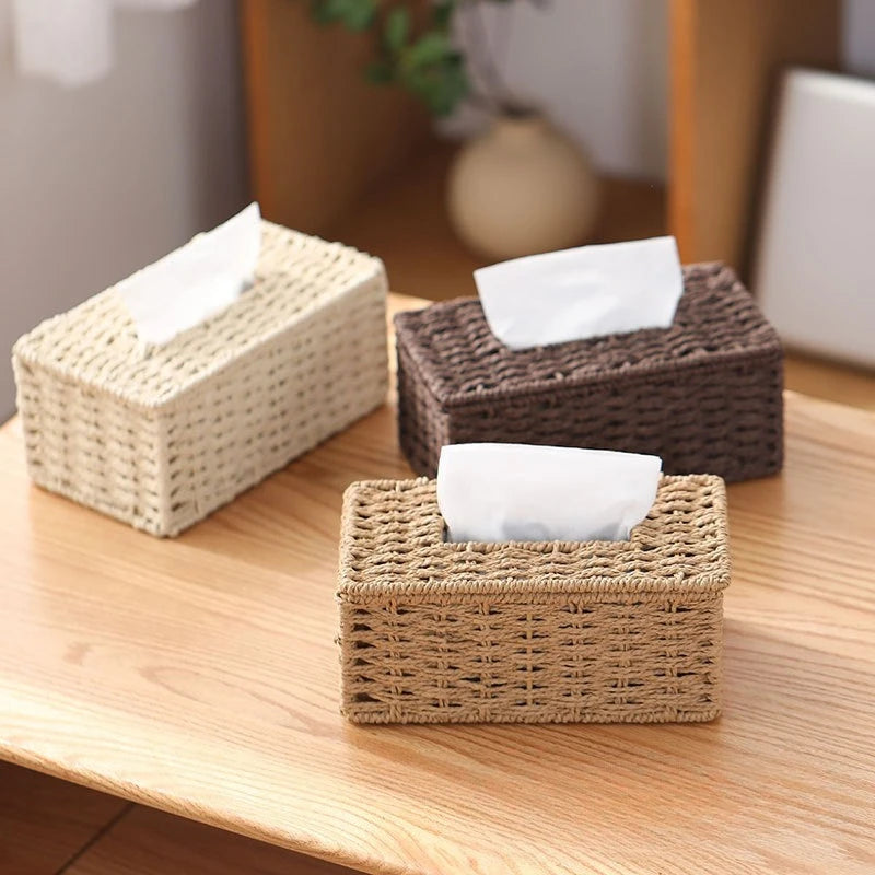 Woven Rattan Tissue Box Cover Natural Boho Storage Home Decor