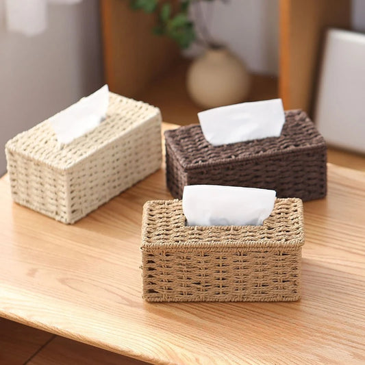 Woven Rattan Tissue Box Cover Natural Boho Storage Home Decor