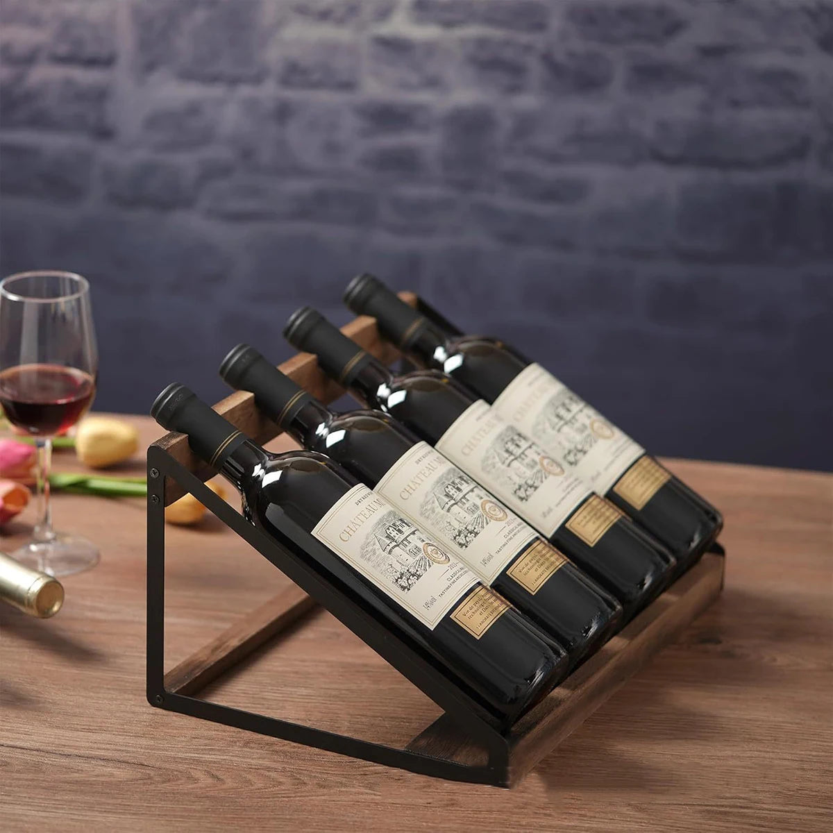 Slanted Desktop Wine Rack Wooden Iron Frame Bottle Storage Home Decor