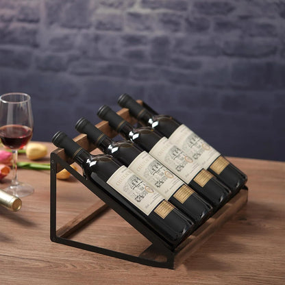 Slanted Desktop Wine Rack Wooden Iron Frame Bottle Storage Home Decor