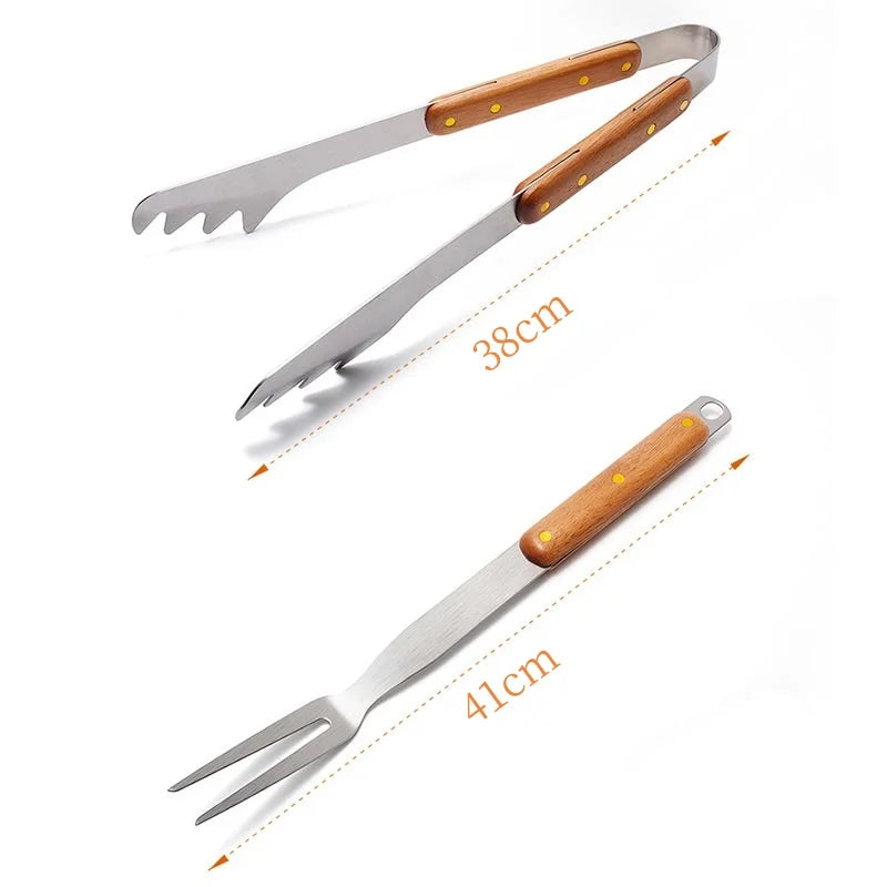 4-Piece Stainless Steel BBQ Tool Set with Wooden Handles Outdoor Grilling Kit