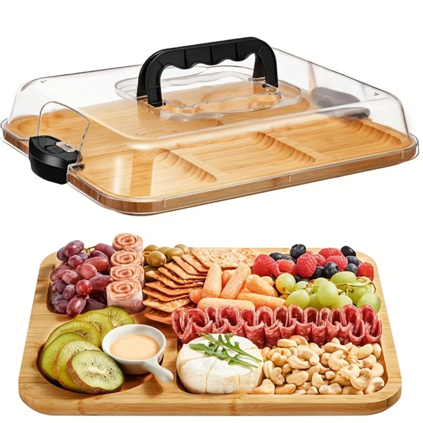 Bamboo Cheese and Charcuterie Board with Acrylic Lid Portable Serving Tray Home Decor