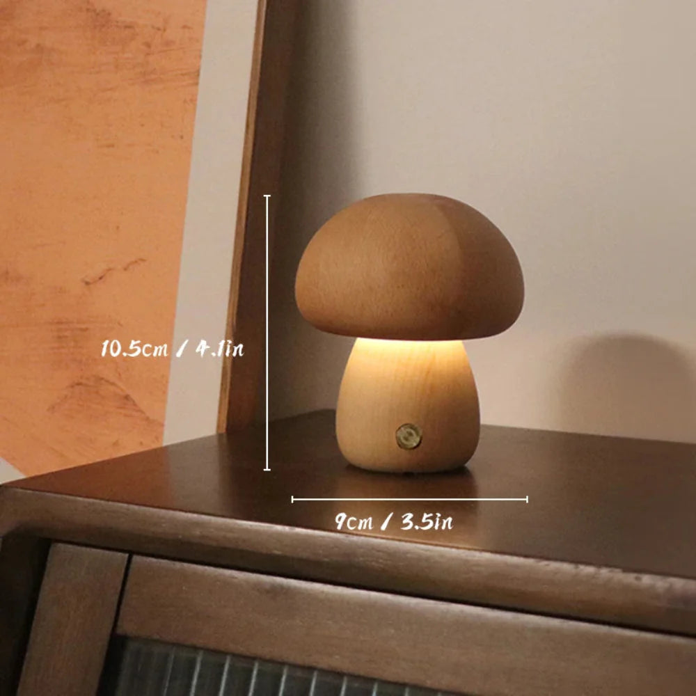 Natural Wood Mushroom Lamp Touch Dimmer Warm LED Bedside Decor