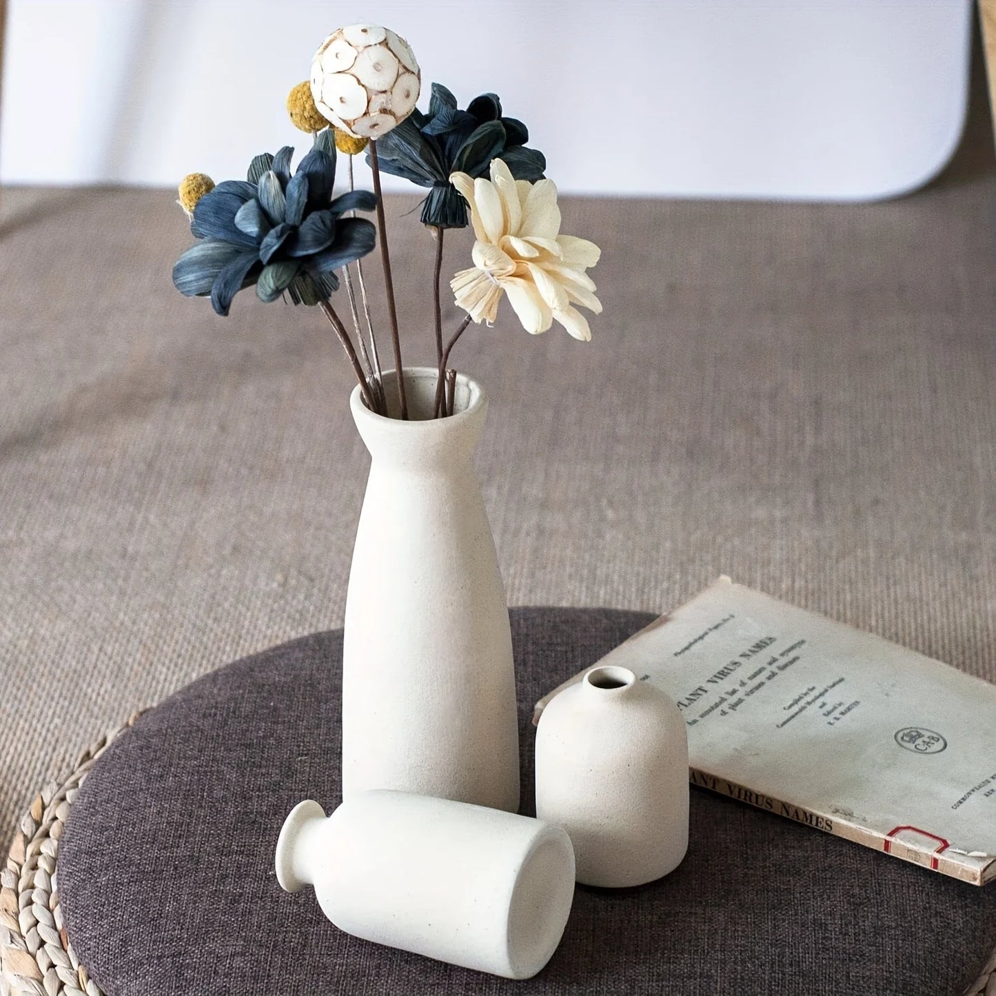 Ceramic Vase Set of 3 Rustic Neutral Home Decor Shelf Decor