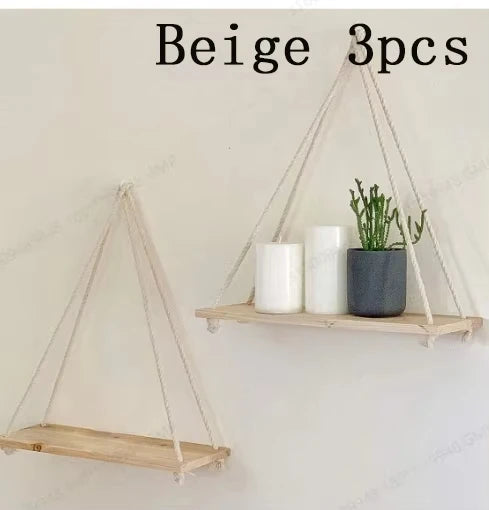 Wooden Hanging Wall Shelf with Hemp Rope Floating Plant Display Home Decor