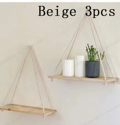 Wooden Hanging Wall Shelf with Hemp Rope Floating Plant Display Home Decor
