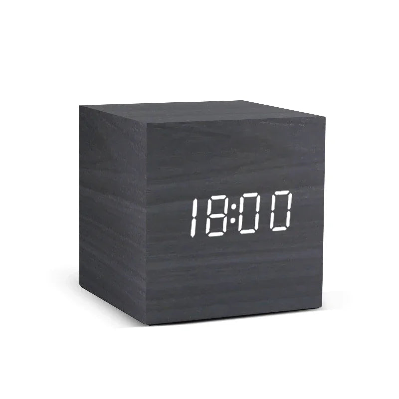 Wooden LED Digital Alarm Clock Temperature Display USB Powered Bedside Home Decor