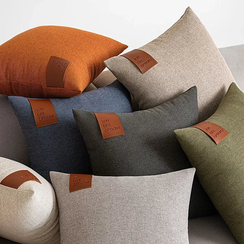 Premium Leather Label Splicing Cushion Cover Nordic Minimalist Home Decor
