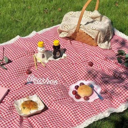 Red Check Canvas Picnic Blanket Waterproof Outdoor Beach Mat Home Decor