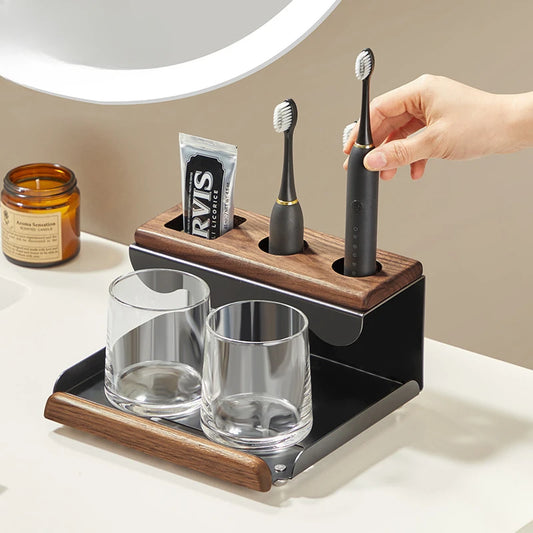 Walnut Wood Bathroom Organiser Toothbrush Holder Vanity Counter Decor