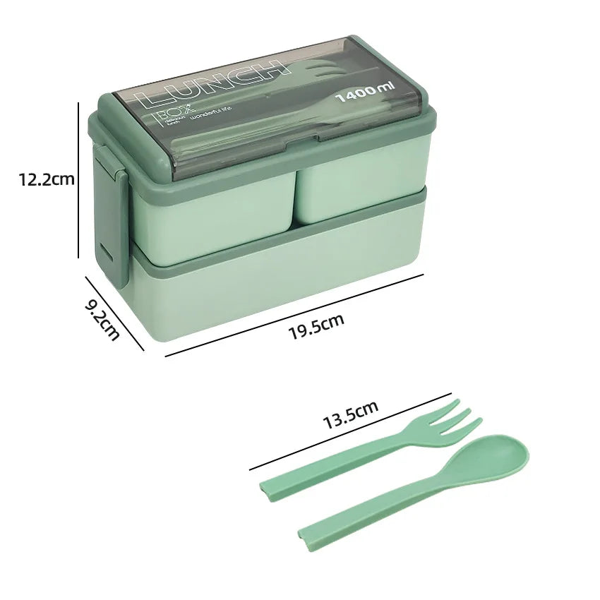 1400ml Double Layer Bento Box with Fork and Spoon Microwave Safe Portable Lunch Box