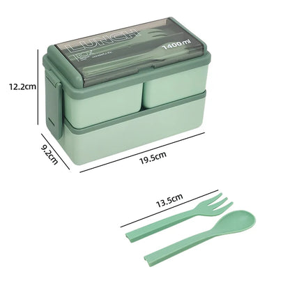 1400ml Double Layer Bento Box with Fork and Spoon Microwave Safe Portable Lunch Box