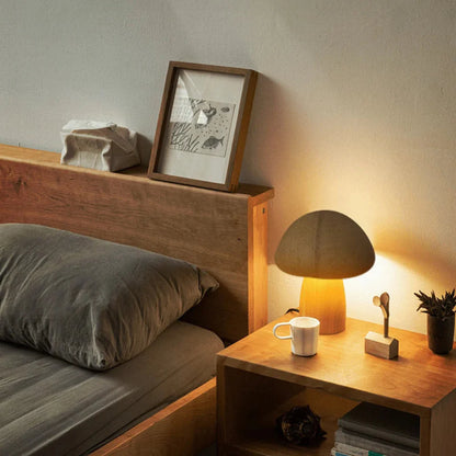 Natural Wood Mushroom Lamp Touch Dimmer Warm LED Bedside Decor