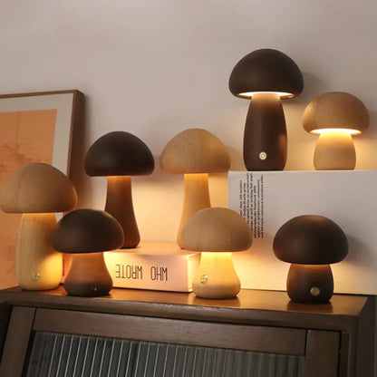 Natural Wood Mushroom Lamp Touch Dimmer Warm LED Bedside Decor