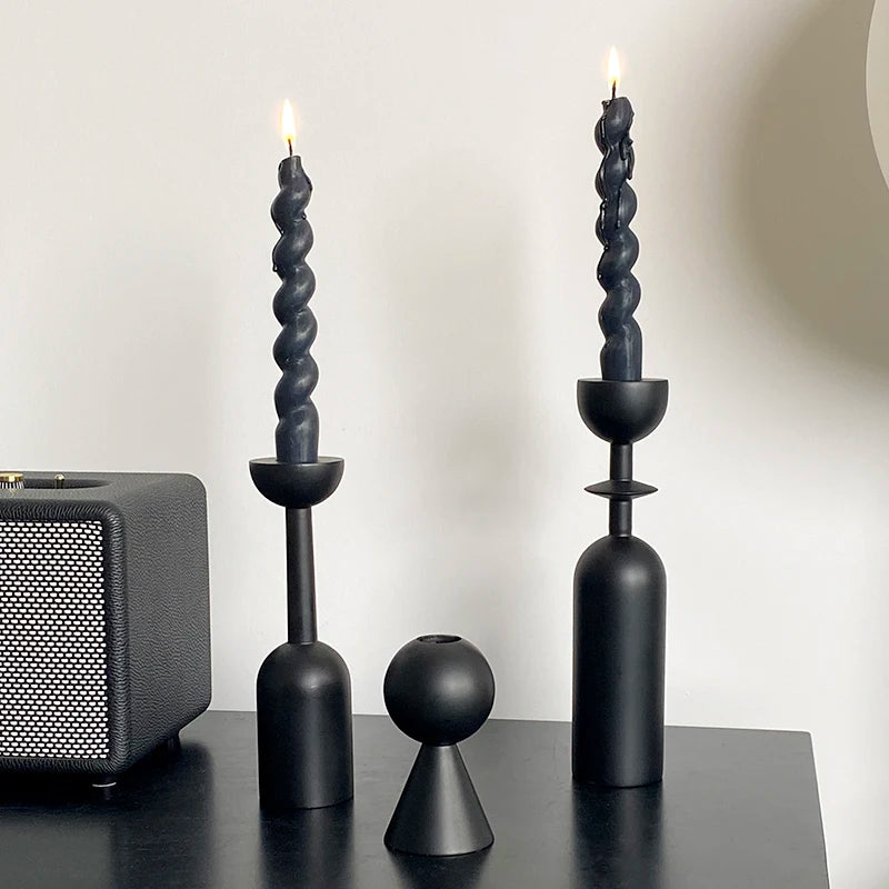 Black Wooden Taper Candle Holder Set Retro French Style Home Decor